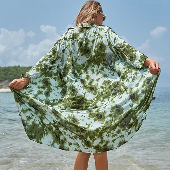 Green Coverup Long Sleeve collared shirt Swimsuit ButtonDown - Picture 3 of 12